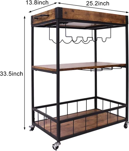Miniatura 3 de aboxoo Carrito de bar de vino de 3 niveles grande para el hogar, estante de vino rodante con ruedas, carrito de servicio de cocina móvil