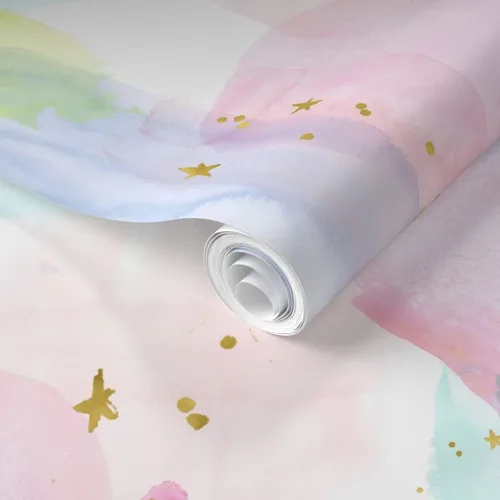 Miniatura 2 de Papel tapiz extraíble de 9 x 2 pies, diseño de estrellas de acuarela de arco iris, dorado, algodón, caramelo, pastel, unicornio, papel pintado