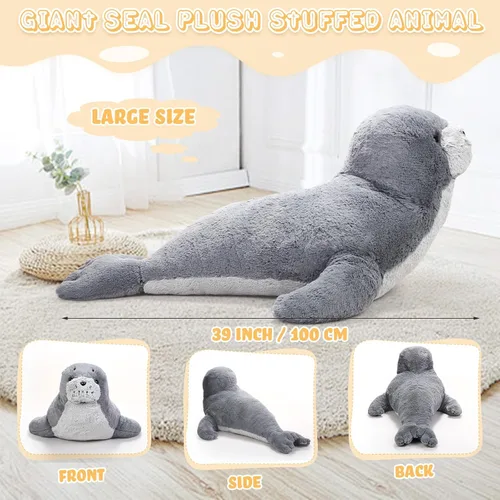Miniatura 2 de Poen Peluche de foca gigante de 39 pulgadas, grande, grande, suave, tierno, color gris, adorable almohada grande, regalo para niños, compañero