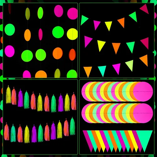 Miniatura 4 de 88 piezas de suministros de fiesta de neón brillante, incluyendo guirnalda de papel de neón, 20 piezas de borlas de papel y banderas triangulares