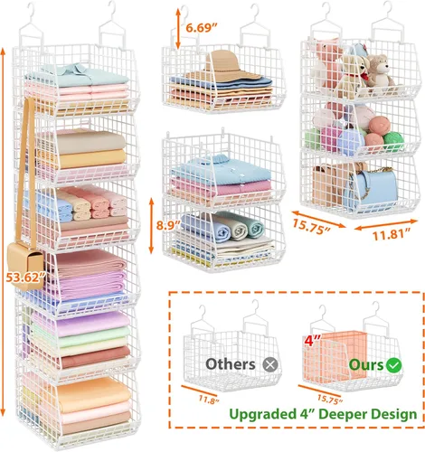 Miniatura 3 de Organizador de armario colgante de profundidad extendida de 6 niveles, estantes colgantes de almacenamiento con ganchos para colgar ropa, suéteres