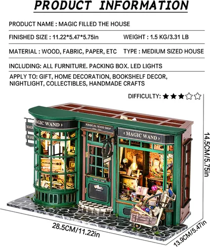 Miniatura 2 de Roroom Kit de casa en miniatura, kit mágico de rincón de libro con luz LED, rompecabezas de madera 3D, kit de casa de muñecas en miniatura para Casa