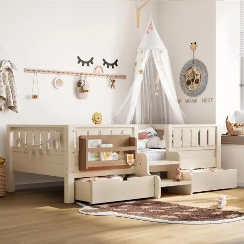 Miniatura 21 de Bellemave Cama Montessori de tamaño Queen con 2 cajones y estantería, camas de suelo para niños con barandillas de seguridad y escaleras, marco