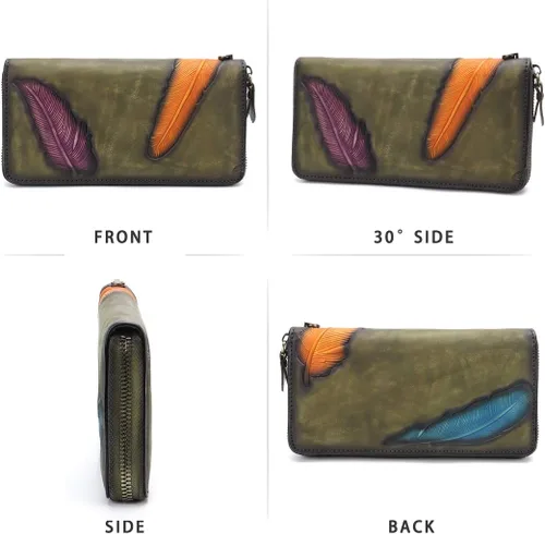 Miniatura 4 de Cartera de cuero genuino con cremallera alrededor de la muñeca bolso largo vintage en relieve de piel de vaca capacidad embrague hecho a mano