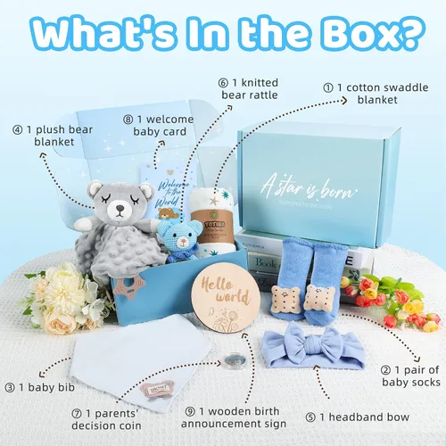 Miniatura 3 de Regalo para bebé recién nacido, 9 piezas de regalos de bebé para niños recién nacidos, cesta de regalo para bebé, regalos de revelación de género