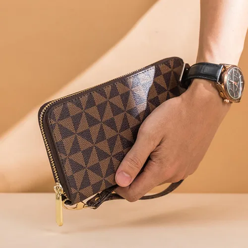 Miniatura 15 de Veki Billetera para mujer con doble cremallera y correa para la muñeca, monedero de cuero para tarjetas de crédito para mujeres y hombres, Negro A
