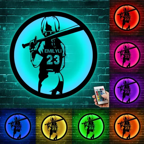 Miniatura 26 de Arte de Pared de Metal Personalizado de Béisbol con Bandera de EE.UU. con Luz LED, Letrero Personalizado con Nombre de Jugador de Sóftbol Americano