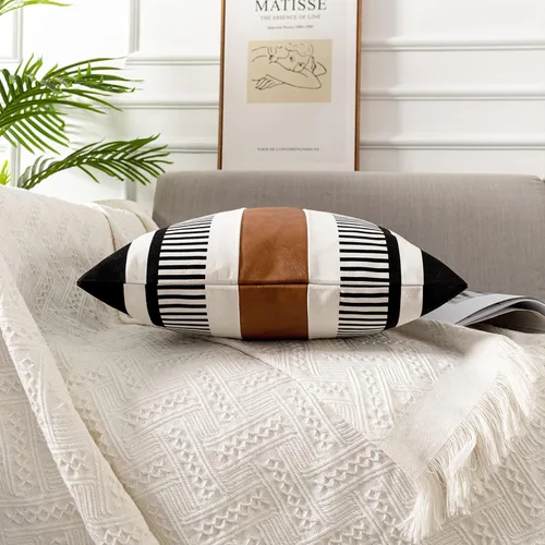 Miniatura 5 de Funda de almohada bohemia de color blanco y negro con piel, funda de cojín moderna de 22 x 22 pulgadas, funda de almohada de rayas estilo campestre