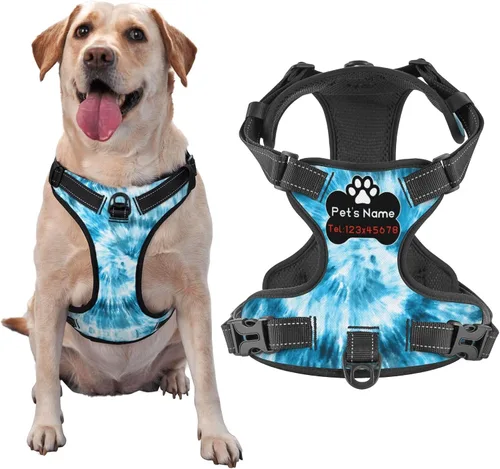 Miniatura 13 de Arnés personalizado para perro sin tirones, chaleco personalizado con bandera estadounidense vintage con número de teléfono y nombre de mascota