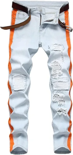 Miniatura 3 de Jeans rasgados a rayas laterales para hombre, corte recto, desgastados, con agujeros destruidos, pantalones de mezclilla casuales ajustados