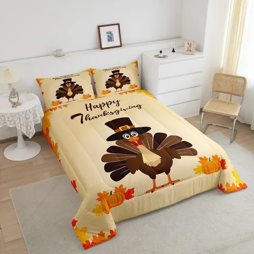 Miniatura 4 de Bonito juego de edredón de pavo tamaño individual para niños y niñas, ropa de cama de cosecha de Acción de Gracias, decoración de otoño, decoración