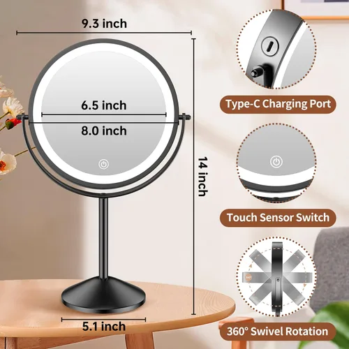 Miniatura 5 de Benbilry Espejo de tocador de maquillaje iluminado de 8 pulgadas con luces, 3 colores regulables, aumento 1X/10X, espejo cosmético con luz de doble
