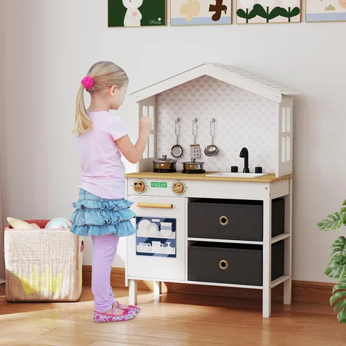 Miniatura 9 de Costzon Cocina de Juguete para Niños, Juguete de Cocina Montessori Little Chef con 2 Estufas, Perillas Giratorias, Grifo, Fregadero, Lavavajillas, 2
