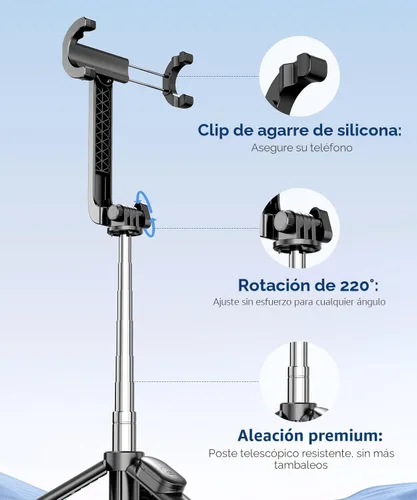Miniatura 5 de Fuloview Trípode de Viaje para Selfie de 67 Pulgadas, Trípode Extensible para iPhone con Control Remoto Inalámbrico y Soporte para Teléfono, Soporte