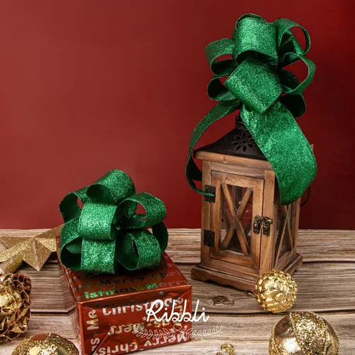 Miniatura 3 de Ribbli - Cinta con alambre de brillantina verde esmeralda, verde con borde metálico, cinta de Navidad para corona, decoración del árbol de Navidad