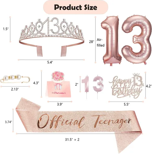 Miniatura 3 de Decoraciones de cumpleaños de 13 años para niñas, que incluyen adornos para pastel de cumpleaños de 13 años, banda de reina con alfiler de perla