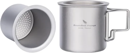 iBasingo Taza de titanio de 7.4 fl oz con colador, taza de camping con tapa, mango plegable, de una sola pared, ligera, portátil para beber al aire
