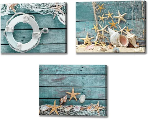 Biuteawal - 3 piezas de lienzo para pared, diseño de concha de estrella de mar sobre tablero verde azulado, impresiones de playa, naturaleza, lienzo