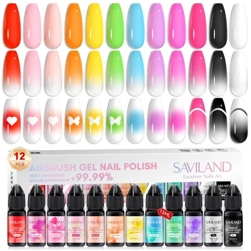 SAVILAND Esmalte de Uñas en Gel para Aerógrafo Libre de Hema: Sin Dilución 12 Colores de Vitalidad Aerógrafo para Uñas Sin Acetona con Niebla Fina