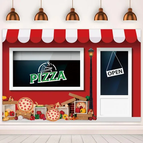 Telón de fondo de tienda de pizza de 5 x 3 pies para fotografía, tema de cocina para niños, fiesta de cumpleaños, baby shower, decoración de