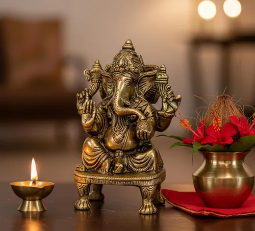 Miniatura 3 de eSplanade Ganesha de latón de 8 pulgadas en acabado antiguo Pooja Puja Ganesh Ganesha Ganpati Ganapati Murti Idol (5.75 pulgadas)