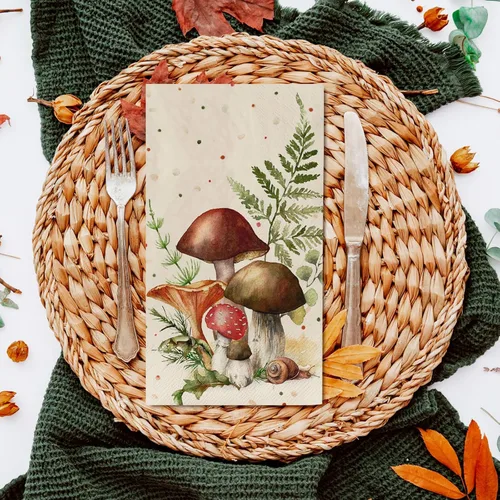Miniatura 3 de AnyDesign Paquete de 100 servilletas de hongos para invitados con puntos y hojas de hongo, servilletas de papel desechables en acuarela, toalla