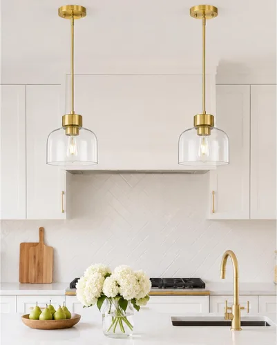 Miniatura 12 de Luces Colgantes Negras para Isla de Cocina, Accesorios de Luces Colgantes de 7" con Pantalla de Vidrio Transparente, Iluminación Colgante Moderna