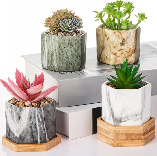 Ziliny Maceta de cerámica marmolada para suculentas, plantas pequeñas, cactus y hierbas, maceta de cerámica con orificio de drenaje, recipiente mate