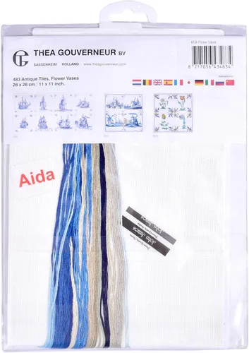 Miniatura 3 de Thea Gouverneur - Kit de punto de cruz contado, jarrones de flores de azulejos antiguos, Aida, 18 unidades, kit de bordado para adultos, hilos