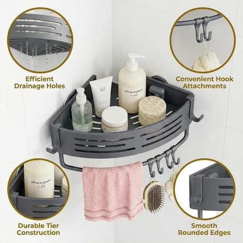 Miniatura 2 de Paquete de 1 organizador de ducha esquinero, estante de ducha con ventosa sin taladro, con toallero, organizador de baño de aluminio