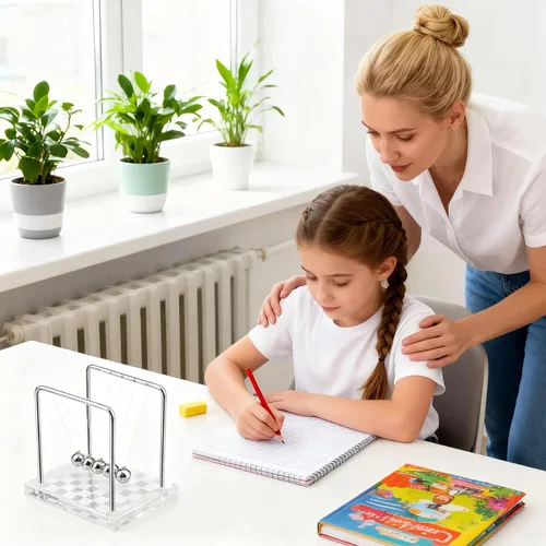 Miniatura 6 de Péndulo de Newton con Bolas de Equilibrio, Péndulo Clásico de Newton con Base de Tablero de Ajedrez Plateado y Blanco, Gadget de Física Científica