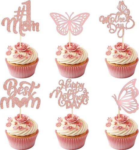 Miniatura 27 de Gyufise 1 paquete de decoración para pastel del día de la madre, la mejor mamá del mundo, con flores de mariposa, decoración de pastel de cumpleaños