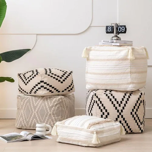 Miniatura 2 de MOCOFO Funda cuadrada decorativa para puf para dormitorio, estilo bohemio, de algodón, sin relleno, puf (diamante negro, 18 x 18 x 18 pulgadas)
