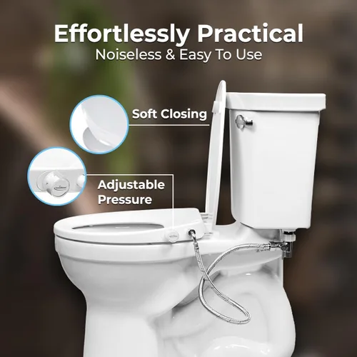 Miniatura 4 de GenieBidet Asiento de inodoro con bidé lateral izquierdo alargado, boquillas dobles con adaptador en T y botella, presión de agua ajustable y Lado