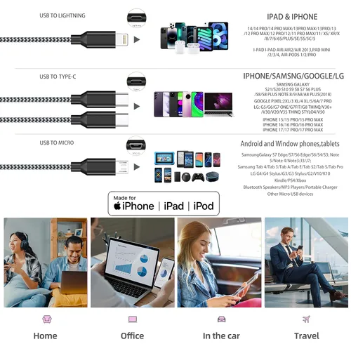 Miniatura 6 de Doub Tyep-C 4 en 1 cable de carga múltiple de 4 pies, cable de carga de nailon trenzado Lightning para iPhone, cable de carga universal con tipo C