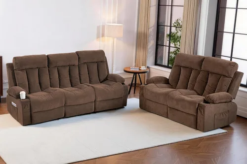Miniatura 21 de Juego de sofá reclinable manual, 3 piezas con bolsillos laterales, portavasos para cine en casa, oficina (azul, sofá biplaza+silla)