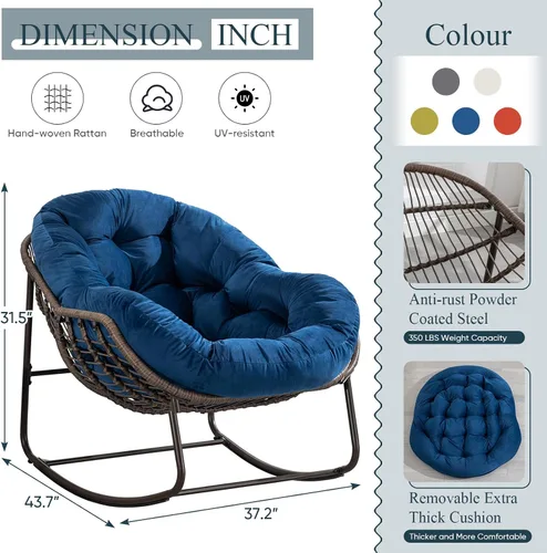 Miniatura 2 de Mecedora para exteriores, silla de huevo de ratán de gran tamaño, cojín reclinable acolchado para interiores y exteriores, moderna silla de descanso