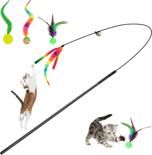 Miniatura 8 de SHENGSEN Juguete de varita de plumas para gatos, pelota inflable con cola para gatos, gusano mágico con juguete de bola grande y colorida