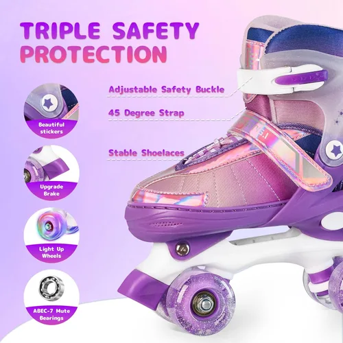 Miniatura 3 de Rainbow Roller Skates for Girls Kids, Gradient Pink Purple 4 Size Adjustable Quad Skates Size XS S, M, L Ages 3-12 with All Light Up Wheels for Kids