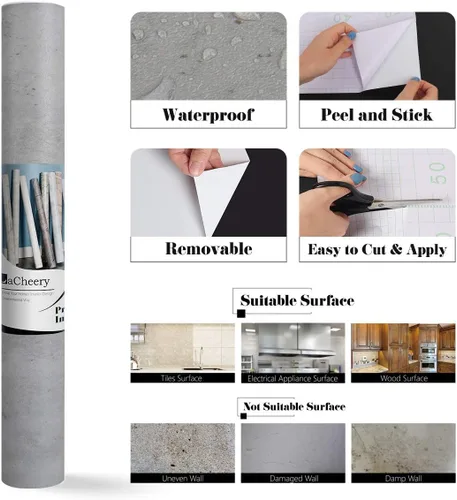 Miniatura 7 de LACHEERY Papel tapiz de hormigón de 24 x 160 pulgadas de grosor para pegar y pelar, papel tapiz de cemento sintético, autoadhesivo, papel de pared