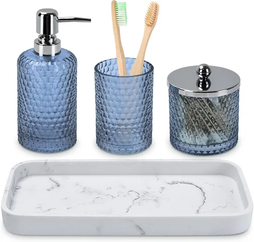 Miniatura 9 de Conjunto de accesorios de baño, 4 piezas de accesorios de baño de vidrio ámbar - Dispensador de jabón de loción, soporte para cepillo de dientes