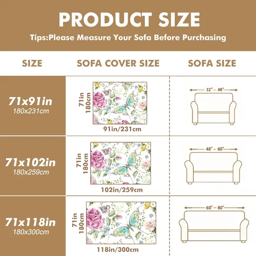 Miniatura 7 de Funda de sofá con estampado de flores y mariposas, fundas para sofá, fundas para sillón, funda resistente a las manchas, protector universal