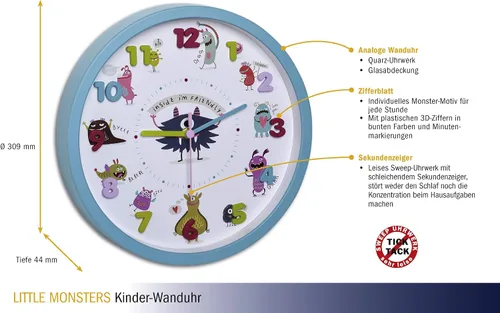 Miniatura 4 de TFA Dostmann - Reloj de pared para niños, 60.3051.20, sin tictac, fácil de aprender la hora, funciona con pilas, color turquesa