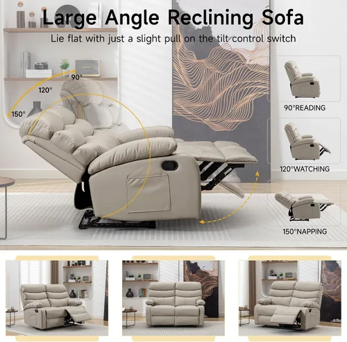 Miniatura 3 de Sofá biplaza reclinable, sofá reclinable doble de cuero con bolsillo lateral, sofá biplaza reclinable de pared para sala de estar, caravana, cine