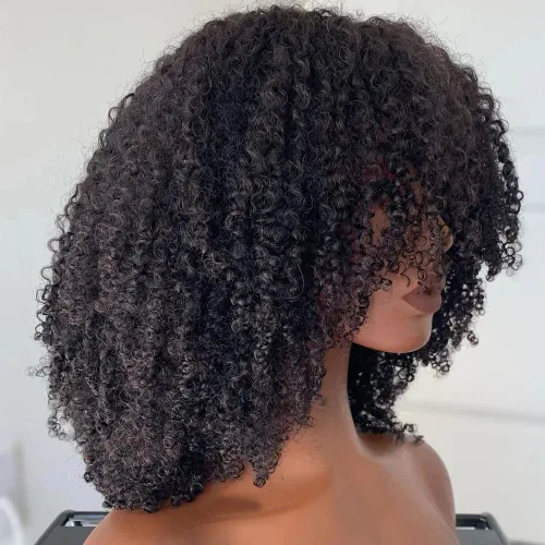 Miniatura 3 de Peluca de cabello humano rizado afro con flequillo, hecha a máquina, peluca superior del cuero cabelludo, sin pegamento, virgen, brasileño, afro