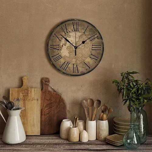Miniatura 3 de Reloj de pared de madera de estilo vintage, mapa del mundo antiguo con números grandes, reloj de pared redondo preciso, estilo antiguo