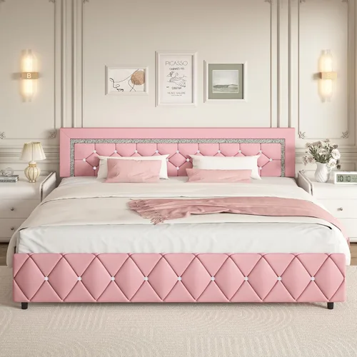 Miniatura 18 de BarnFurin Base de cama y cabecero tamaño King, cama tapizada de piel sintética con diseño capitoné de diamante, base de cama de plataforma moderna