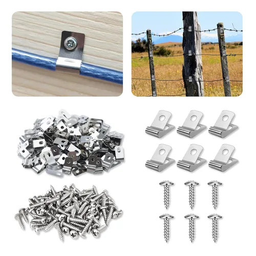 Miniatura 10 de 50 Piezas Abrazaderas de Alambre para Cerca Clips de Montaje para Cercado Agrícola, Clips de Alambre de Acero Inoxidable con Tornillos Clips