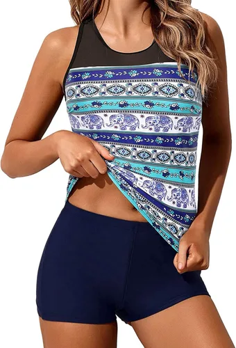 Miniatura 3 de Yonique Racerback Tankini Traje de baño corto de dos piezas para mujer