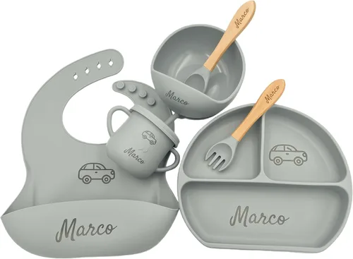 Miniatura 12 de Juego de Alimentación Personalizado para Bebé de 6 Piezas con Nombre, Grado Alimentario, Incluye Cuchara, Tenedor, Cuencos de Succión de Silicona